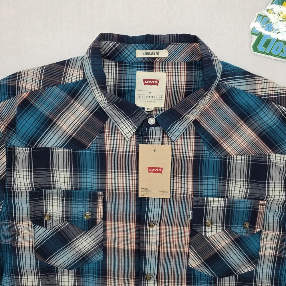 Levis The Western Pearl Snap Shirt Mens XL Blue Plaid Button Up 3LYLW0172 NEW